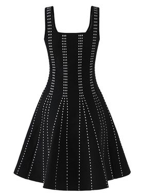 品质2025夏季新款黑色图案提花吊带无袖连衣裙欧美显瘦气质裙子