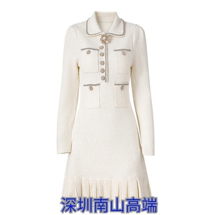 高端女装超重工新款POLO领花扣压褶下摆欧美风口袋针织连衣裙潮流