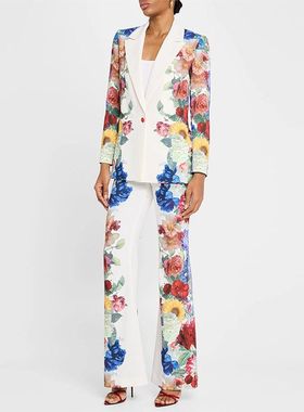 现货2025新款欧美明星时尚鲜丽数码印花西装夹克套装两件套