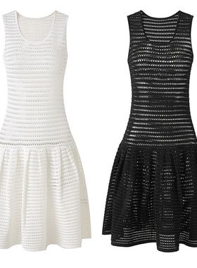 欧美气质名媛黑色性感镂空无袖中长款针织伞裙2025新款小众连衣裙