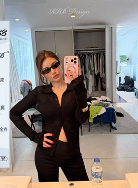 RRB Design 莱赛尔亚麻混纺修身显瘦翻领单排扣长袖针织开衫