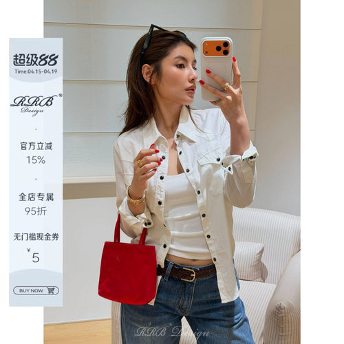 RRB Design 100%棉宽松显瘦POLO领单排扣长袖衬衫基础百搭衬衣