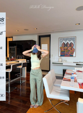 RRB Design 「瓦松绿」复古做旧工装直筒弯刀裤 高腰多口袋休闲长