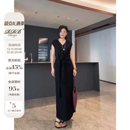 RRB Design「懒人裙」宽松显瘦V领设计感绑带后开叉无袖连衣裙