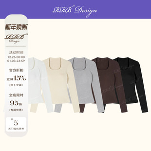 自带胸垫长袖 山羊绒混纺方领秋冬通勤修身 上衣T恤 Design RRB