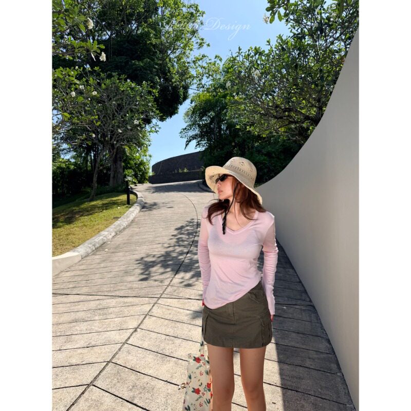 夏季显瘦轻薄V领长袖正肩T恤