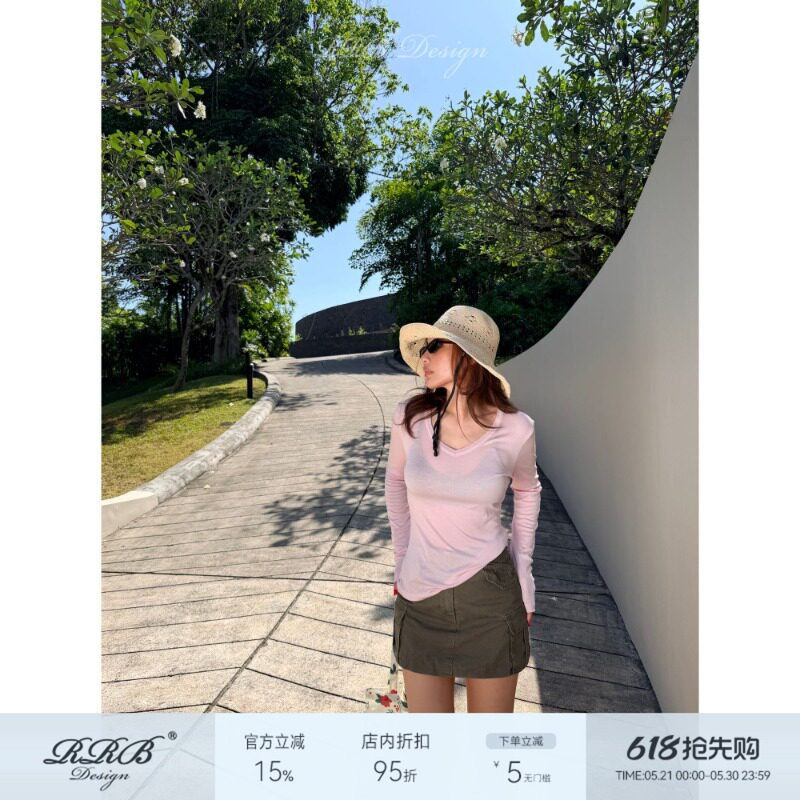 RRB Design 莱赛尔羊毛混纺宽松显瘦V领长袖T恤舒适弹力百搭上衣