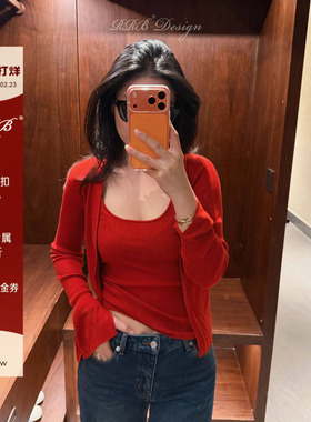RRB Design慵懒休闲简约长袖上衣女修身显瘦吊带羊毛混纺两件套