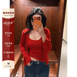 RRB Design慵懒休闲简约长袖上衣女修身显瘦吊带羊毛混纺两件套