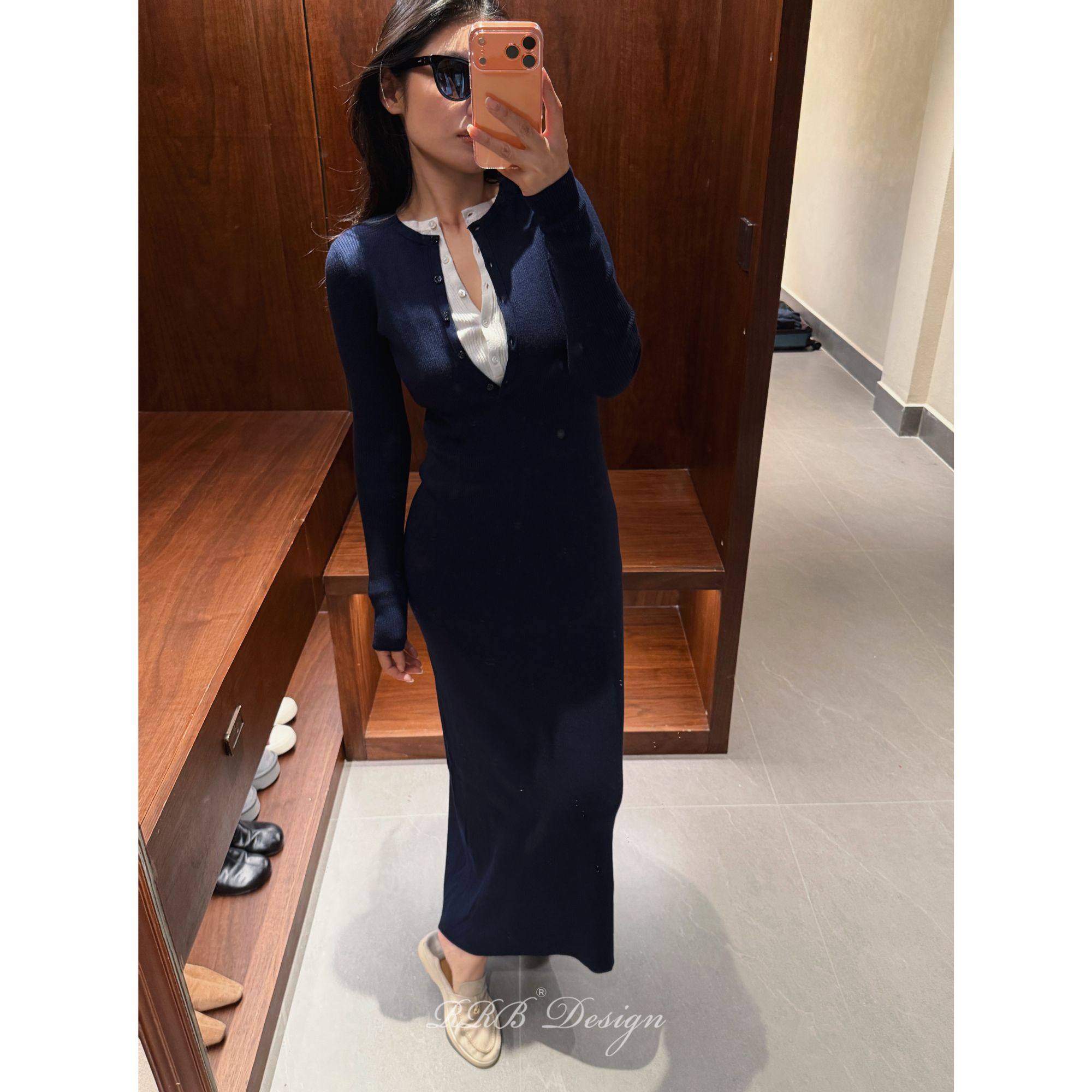 RRB Design 羊毛混纺修身弹力显瘦拼接假两件长袖优雅针织长裙,女装/女士精品,连衣裙,淘宝优惠券,粉丝福利购,淘宝优惠卷