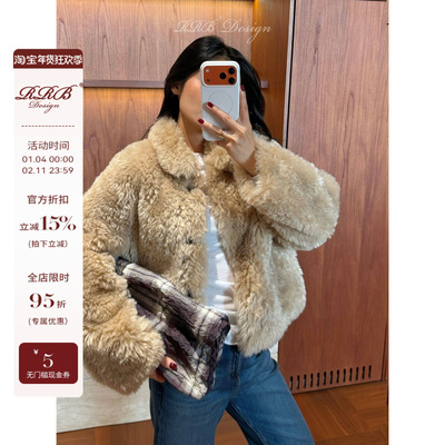 RRB Design 宽松翻领单排扣百搭显瘦时髦保暖环保皮草外套