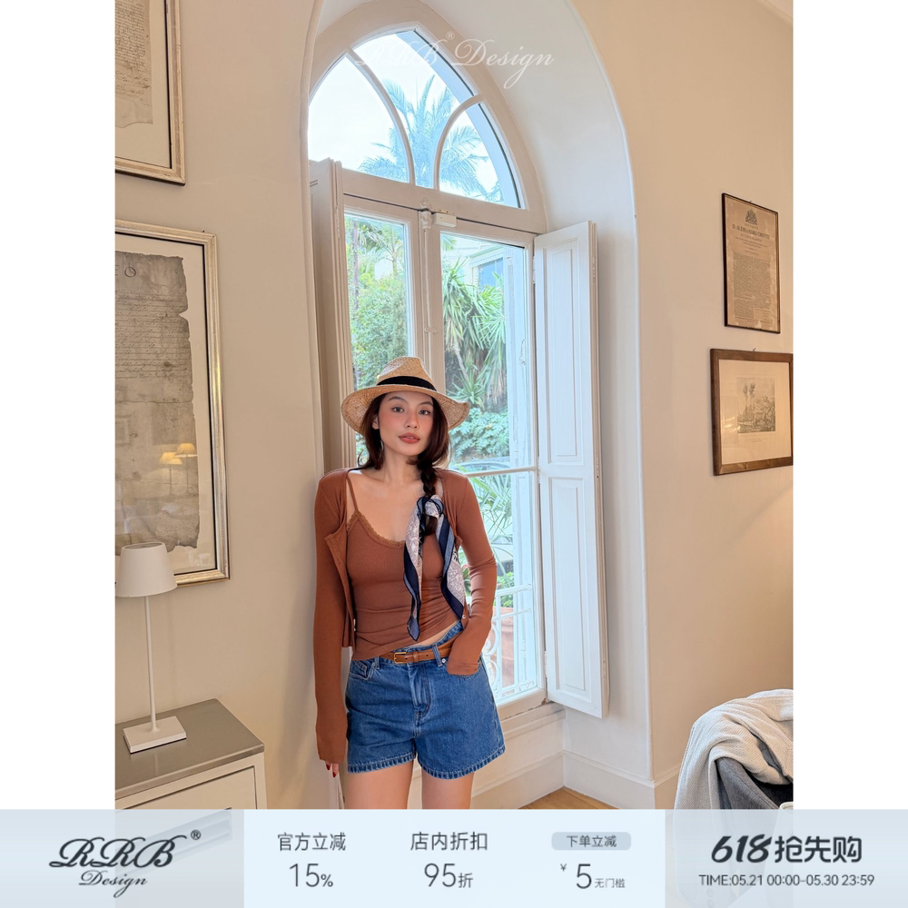 RRB Design 修身显瘦V领拼接蕾丝吊带背心长袖开衫气质两件套
