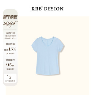 RRB T恤显瘦纯色上衣 Design「随性慵懒」简约V领卷边百搭短袖