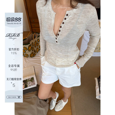 RRB Design 亚麻混纺修身显瘦圆领半排扣长袖针织衫百搭套头上衣