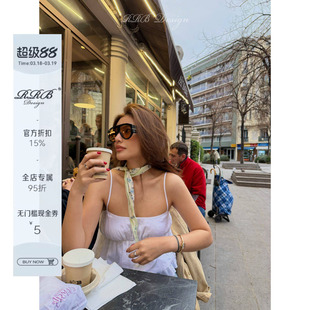 RRB Design 100%亚麻修身纯色显瘦褶皱吊带背心百搭无袖上衣