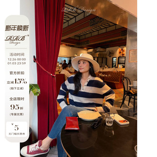 RRB 宽条纹翻领毛衣 Design桑蚕丝羊绒混纺经典