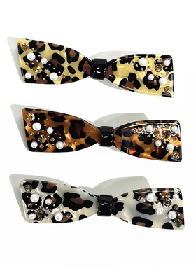 韩饰AZ饰品头饰雅致镶钻圆珠豹纹蝴蝶结鸭嘴夹YZJ0916
