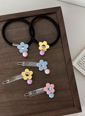 韩饰AZ饰品发饰镶钻马卡龙色五瓣花圆球吊坠扣卡发圈BQ1821