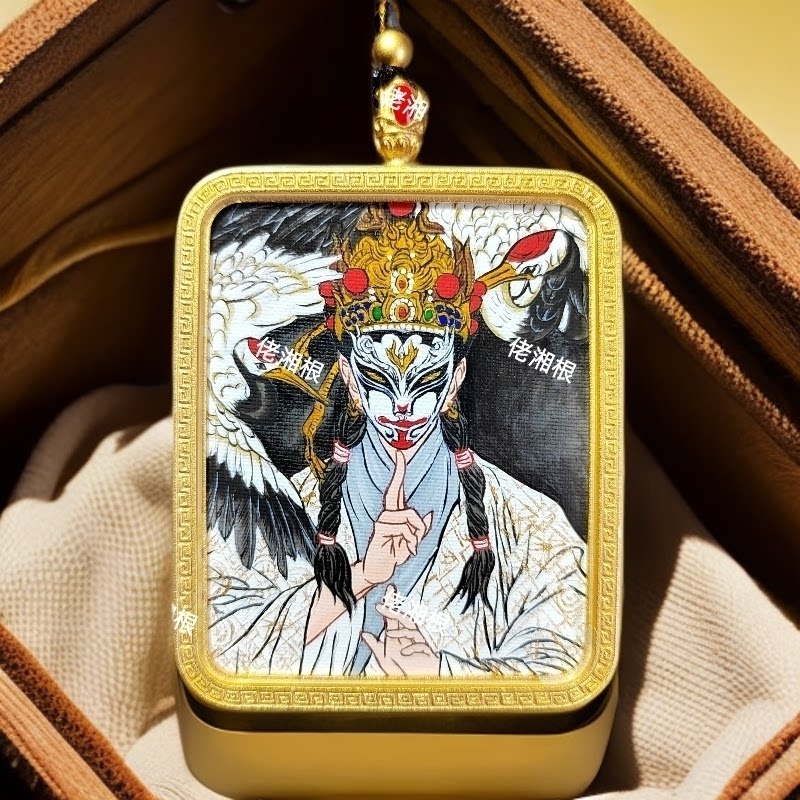 纯手绘【白鹤童子】唐卡吊坠双面道牌挂坠新春年货节挂件礼盒定制