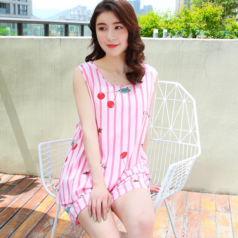 韩版夏季睡衣女无袖棉绸套装大码绵绸可爱女生夏背心短裤家居服