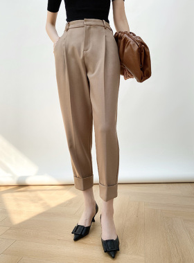 Mooelpom春季新品女士通勤卷边九分裤宽松哈伦西装裤抗皱梨形裤子