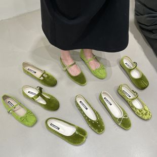 十三行女鞋实拍绿色系列法式复古丝绒粗跟玛丽珍鞋晚晚风仙女单鞋