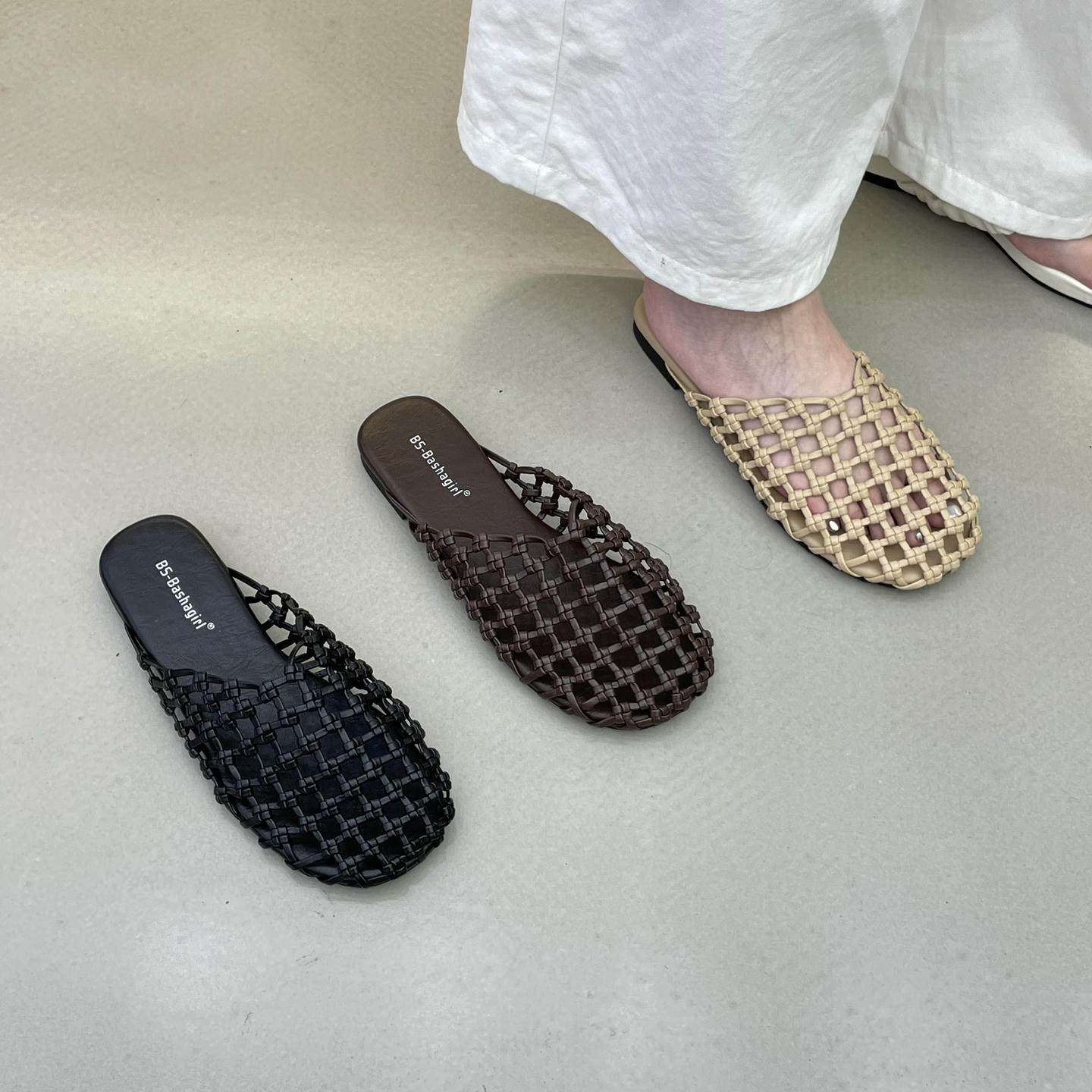 十三行女鞋实拍手工编织网面透气镂空渔网包头半拖外穿一脚蹬凉拖