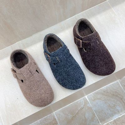 十三行女鞋实拍浅口勃肯鞋女厚底软底毛呢绒面增高乐福鞋女