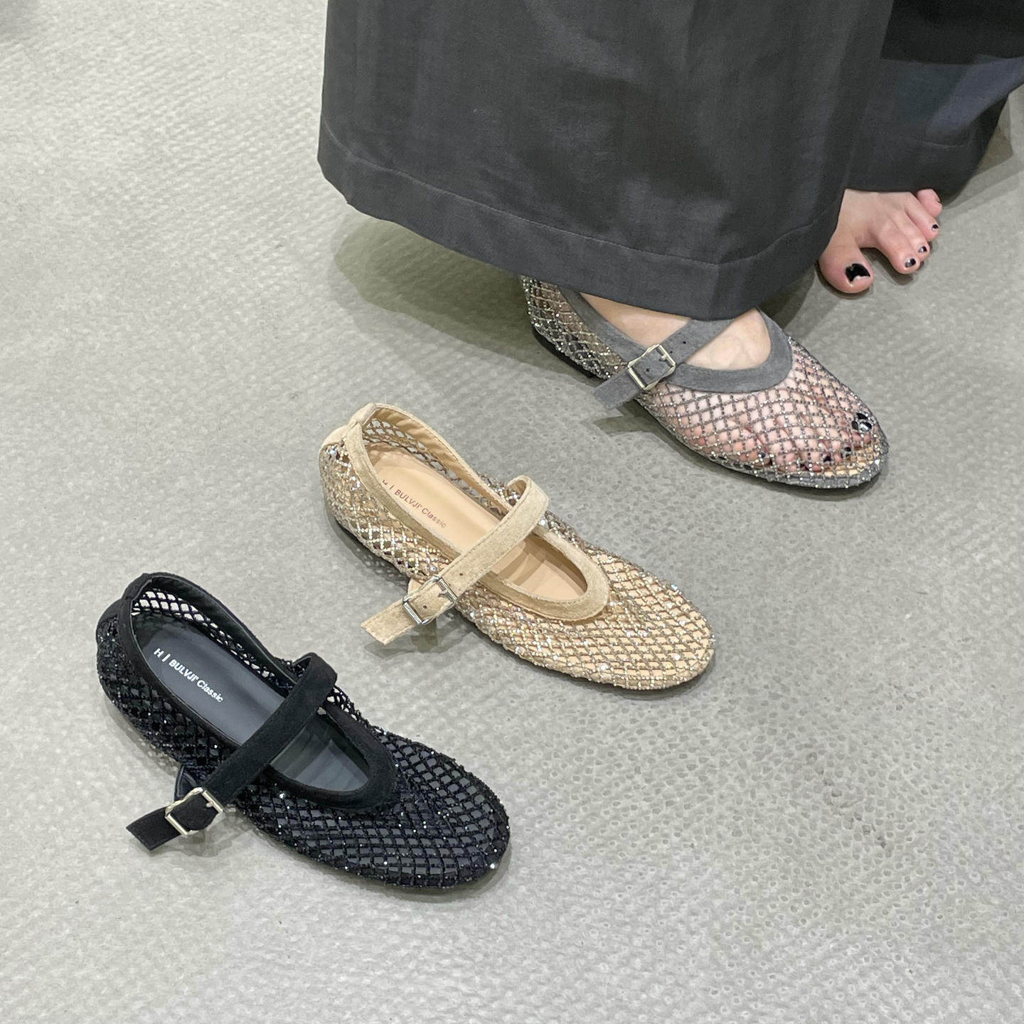 十三行女鞋实拍水钻网面优雅镂空玛丽珍夏秋渔网鞋一字带浅口单鞋