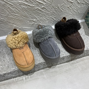 女鞋实拍加绒后跟系带可拆卸5公分雪地靴卷毛半拖一脚蹬懒人毛鞋