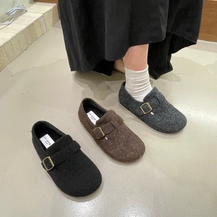 复古乐福鞋 十三行女鞋 秋冬季 灰色毛毛鞋 实拍加绒内增高绒面勃肯鞋