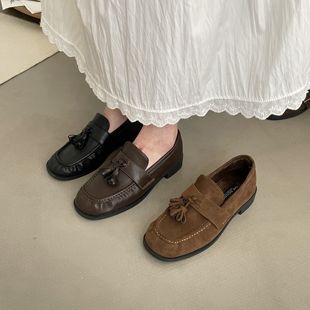 女秋冬复古小皮鞋 十三行女鞋 实拍日系森女流苏一脚蹬中跟软乐福鞋