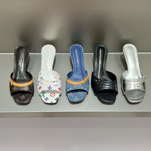 十三行女鞋实拍一字拖浅口凉拖牛仔布复古气质女夏细跟中跟懒人拖