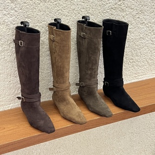 十三行女鞋实拍时尚韩版弹力靴复古气质百搭瘦瘦靴不过膝绒面显瘦