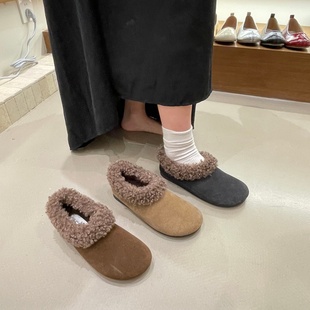 女复古一脚蹬毛毛鞋 慵懒风简约勃肯鞋 实拍加绒牛皮版 十三行女鞋