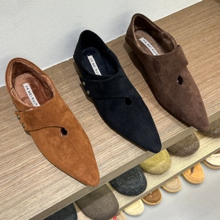 十三行女鞋实拍加绒法式秋低跟魔术贴尖头乐福鞋气质复古女鞋