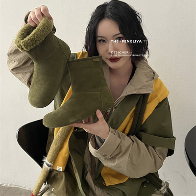 真皮磨砂面一脚蹬复古博肯雪地靴