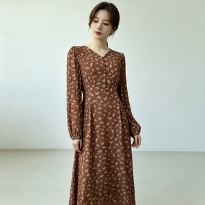 爱西里法式碎花长袖高个子女裙