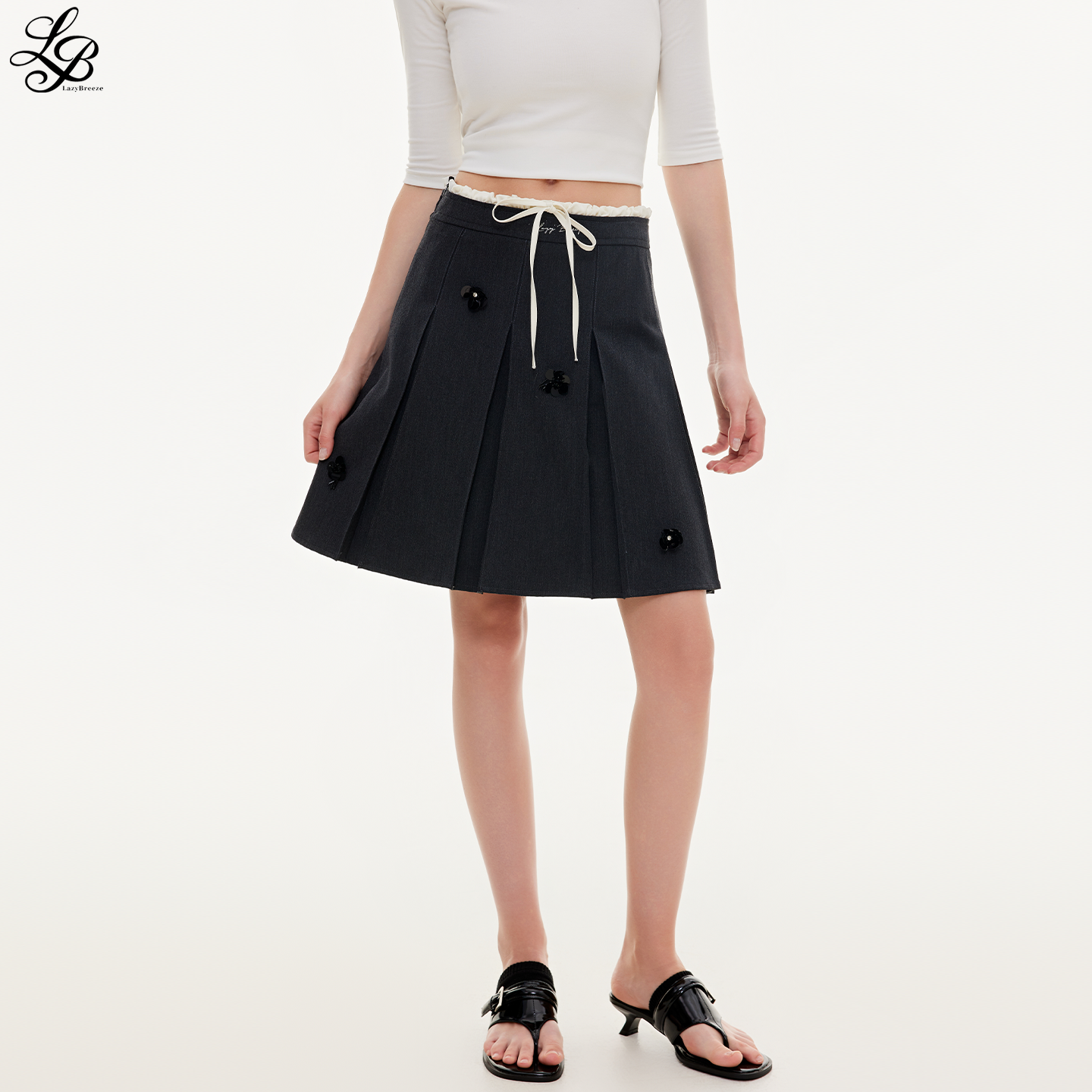 LazyBreeze秋季新款撞色拼接设计百褶裙珠片花双腰头抽绳短裙女