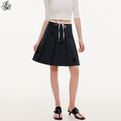 LazyBreeze秋季 撞色拼接设计百褶裙珠片花双腰头抽绳短裙女 新款