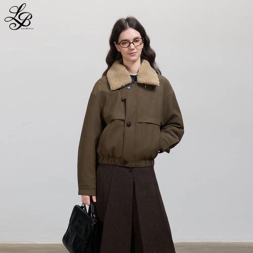 LazyBreeze冬季复古巴恩风绒感PU皮短款翻毛领棉衣毛呢A字半身裙