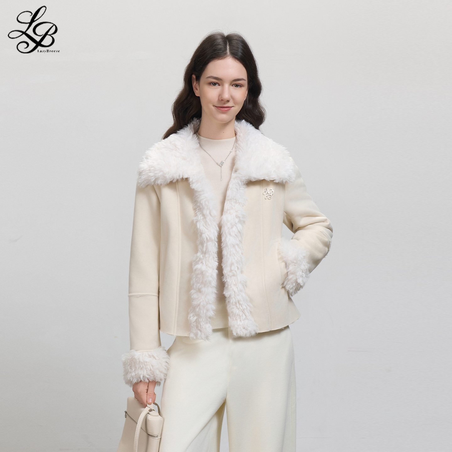 LazyBreeze冬季新款麂皮绒毛领外套上衣保暖加厚修身短款棉服女