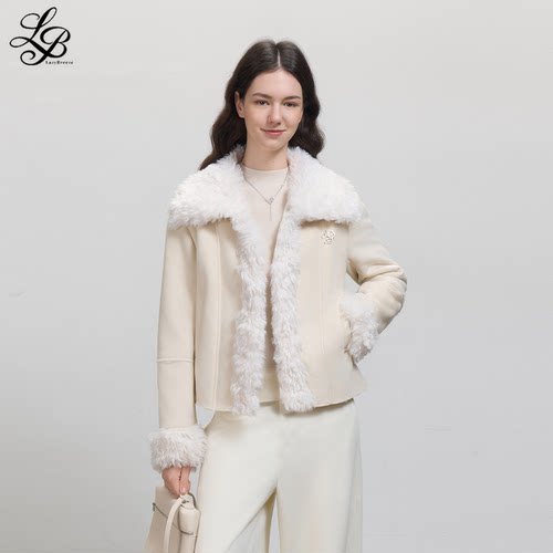 LazyBreeze冬季新款麂皮绒毛领外套上衣保暖加厚修身短款棉服女