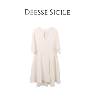 Deessesicile1温柔米白色V领连衣裙女宽松蝙蝠袖高腰大摆通勤短裙