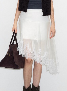 DeesseSicile 白色不对称花边网纱蕾丝拼接鱼尾中长款A字半身裙女