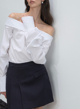DeesseSicile 高级智感优雅气质白色高支棉一字领露肩衬衫上衣女