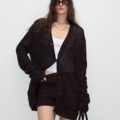 DeesseSicile 女 套装 巧克力色华夫格两件套镂空针织休闲开衫 短裤