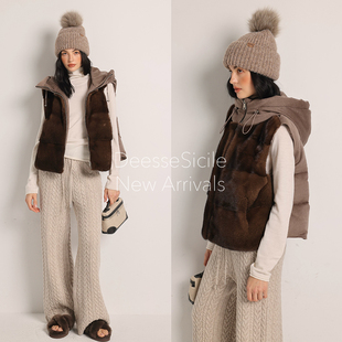 Deessesicile老钱风YS水貂毛皮草拼接羊毛尼鹅绒外套连帽羽绒马甲