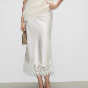 Deessesicile流光溢彩缎面镂空蕾丝裙子气质减龄优雅中长款 半身裙