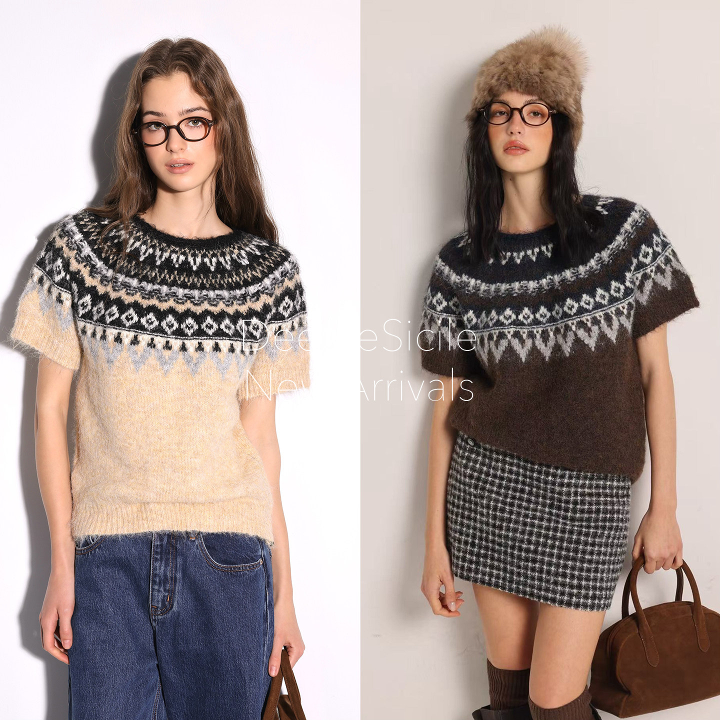 咖啡色复古减龄费尔岛短袖毛衣女